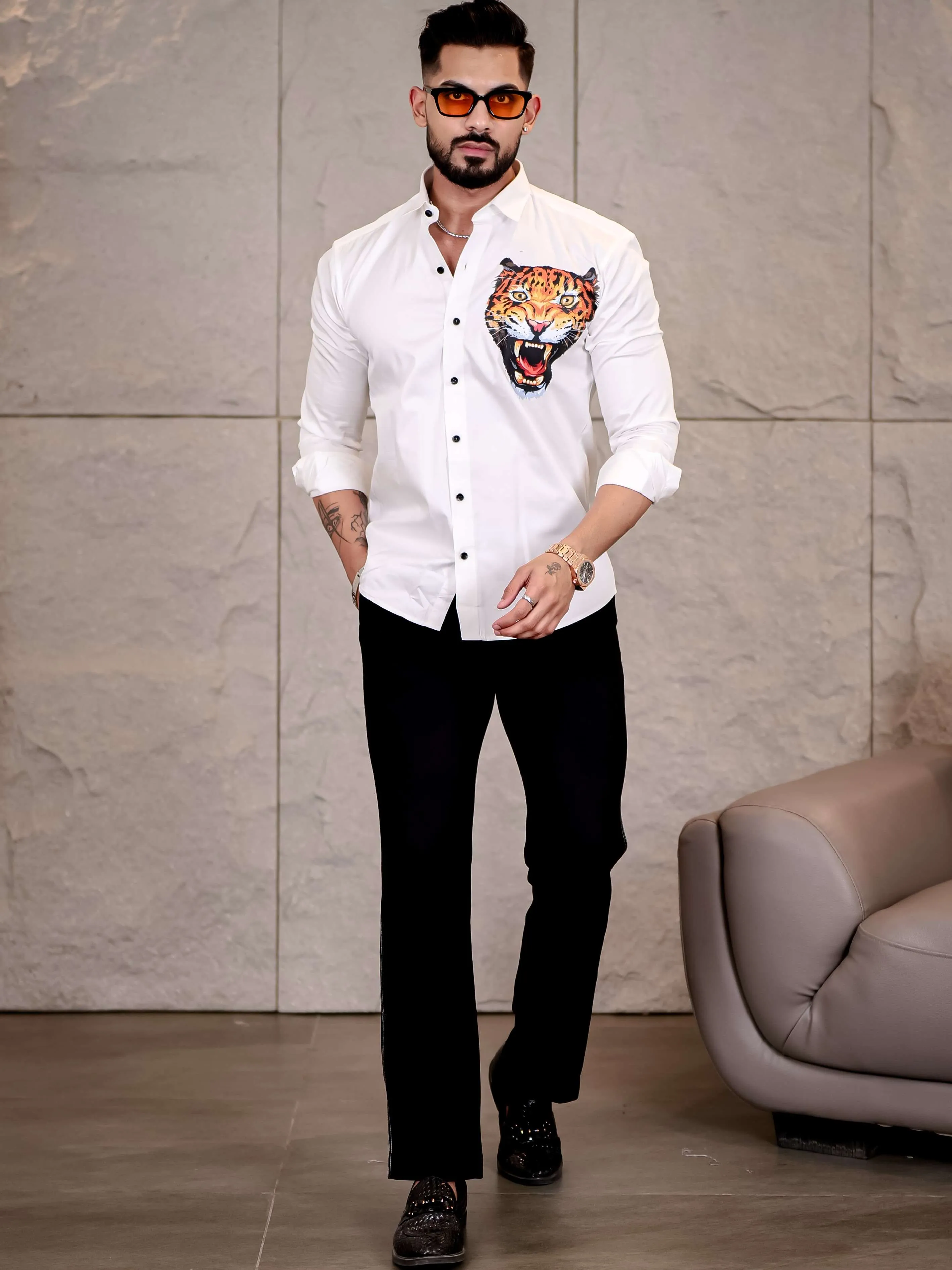 White Club Wear Roar Cheetah Printed Satin Cotton Shirt