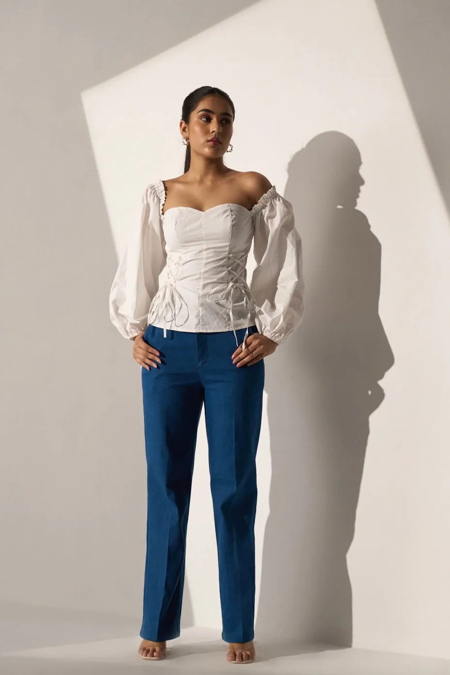 White cotton top and Stretchable Straight Jeans for Women