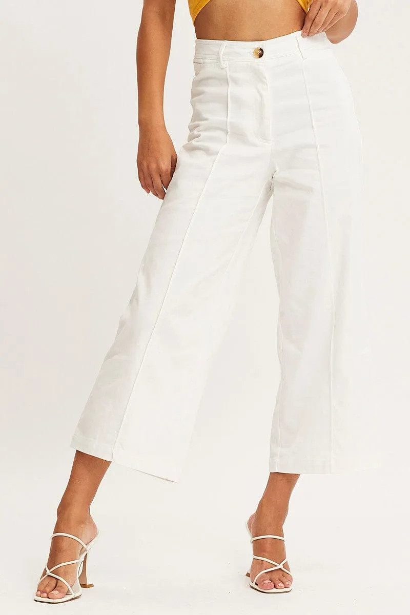 White Cropped Pants Wide Leg High Waist