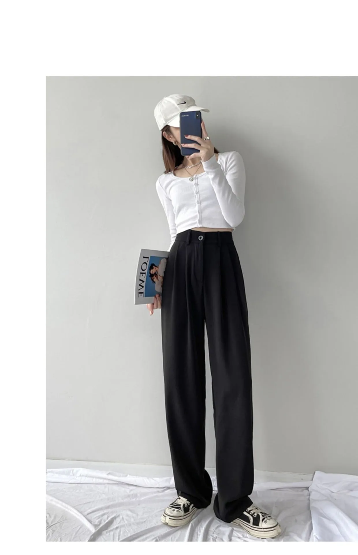 White Wide Leg Suit Pants Women Lengthen High Waist Fold Loose Drape Floor Length Summer Pants