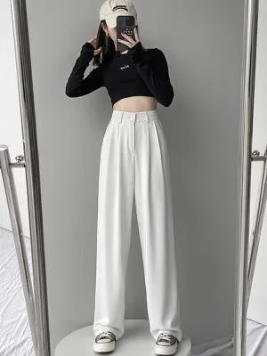 White Wide Leg Suit Pants Women Lengthen High Waist Fold Loose Drape Floor Length Summer Pants
