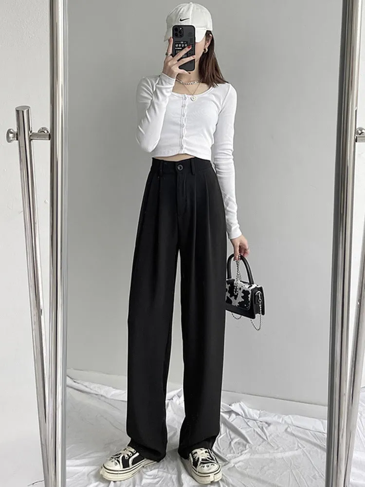 White Wide Leg Suit Pants Women Lengthen High Waist Fold Loose Drape Floor Length Summer Pants