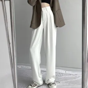 White Wide Leg Suit Pants Women Lengthen High Waist Fold Loose Drape Floor Length Summer Pants