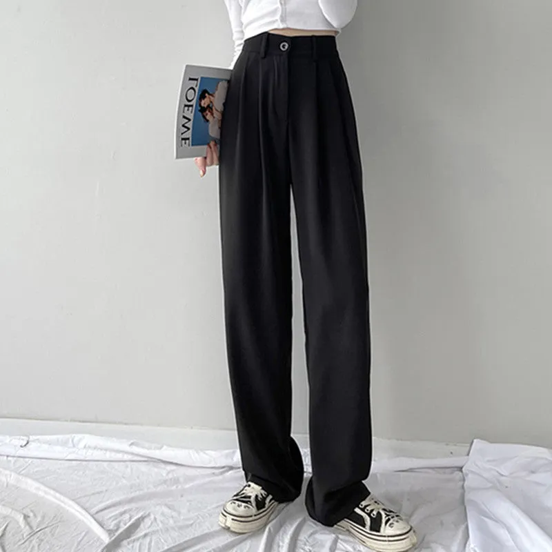 White Wide Leg Suit Pants Women Lengthen High Waist Fold Loose Drape Floor Length Summer Pants