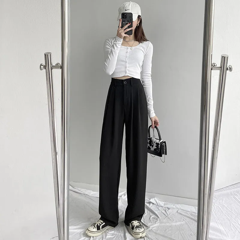 White Wide Leg Suit Pants Women Lengthen High Waist Fold Loose Drape Floor Length Summer Pants