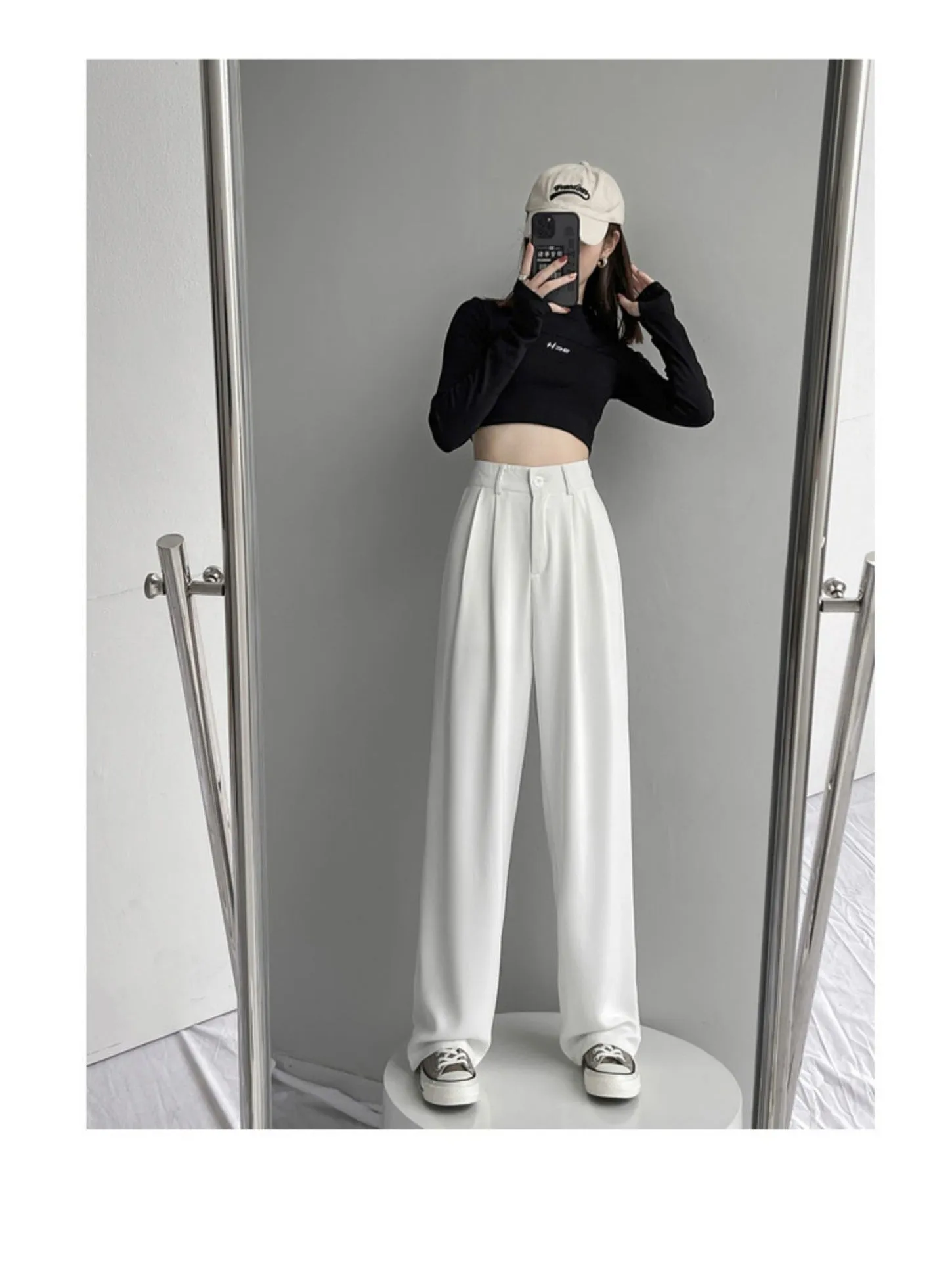 White Wide Leg Suit Pants Women Lengthen High Waist Fold Loose Drape Floor Length Summer Pants