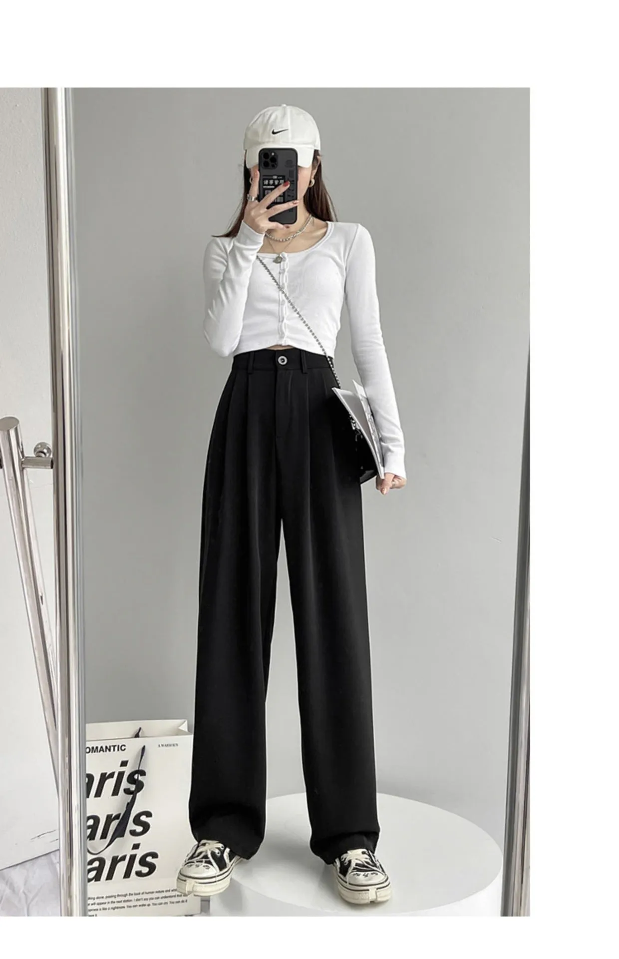 White Wide Leg Suit Pants Women Lengthen High Waist Fold Loose Drape Floor Length Summer Pants