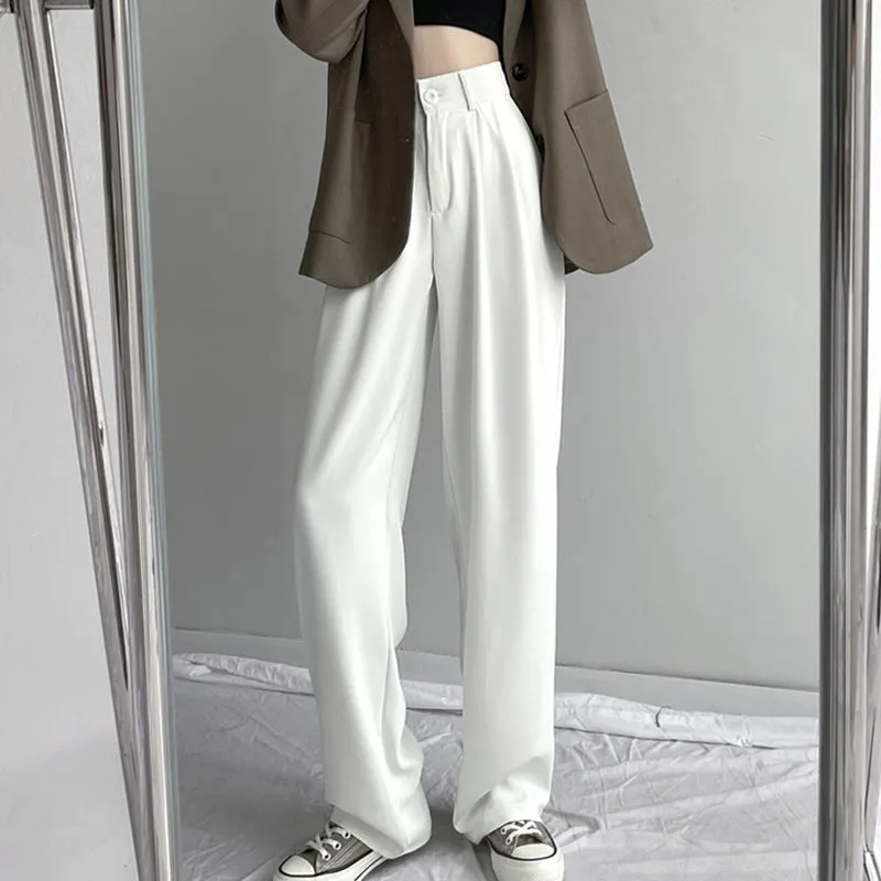 White Wide Leg Suit Pants Women Lengthen High Waist Fold Loose Drape Floor Length Summer Pants