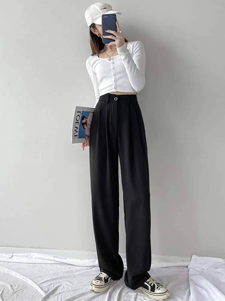 White Wide Leg Suit Pants Women Lengthen High Waist Fold Loose Drape Floor Length Summer Pants