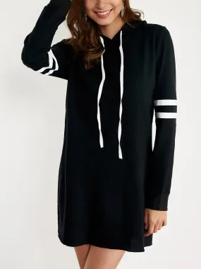 Wholesale Black Long Sleeve Stripe Hooded Lace-Up Shirt Dresses