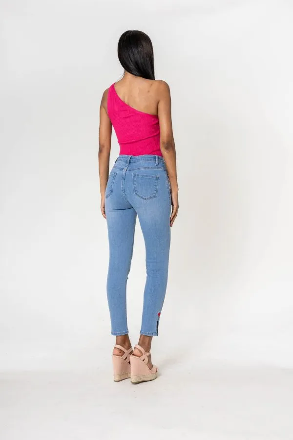 Wholesale High Waisted Jeans Heart embroidery Light Blue