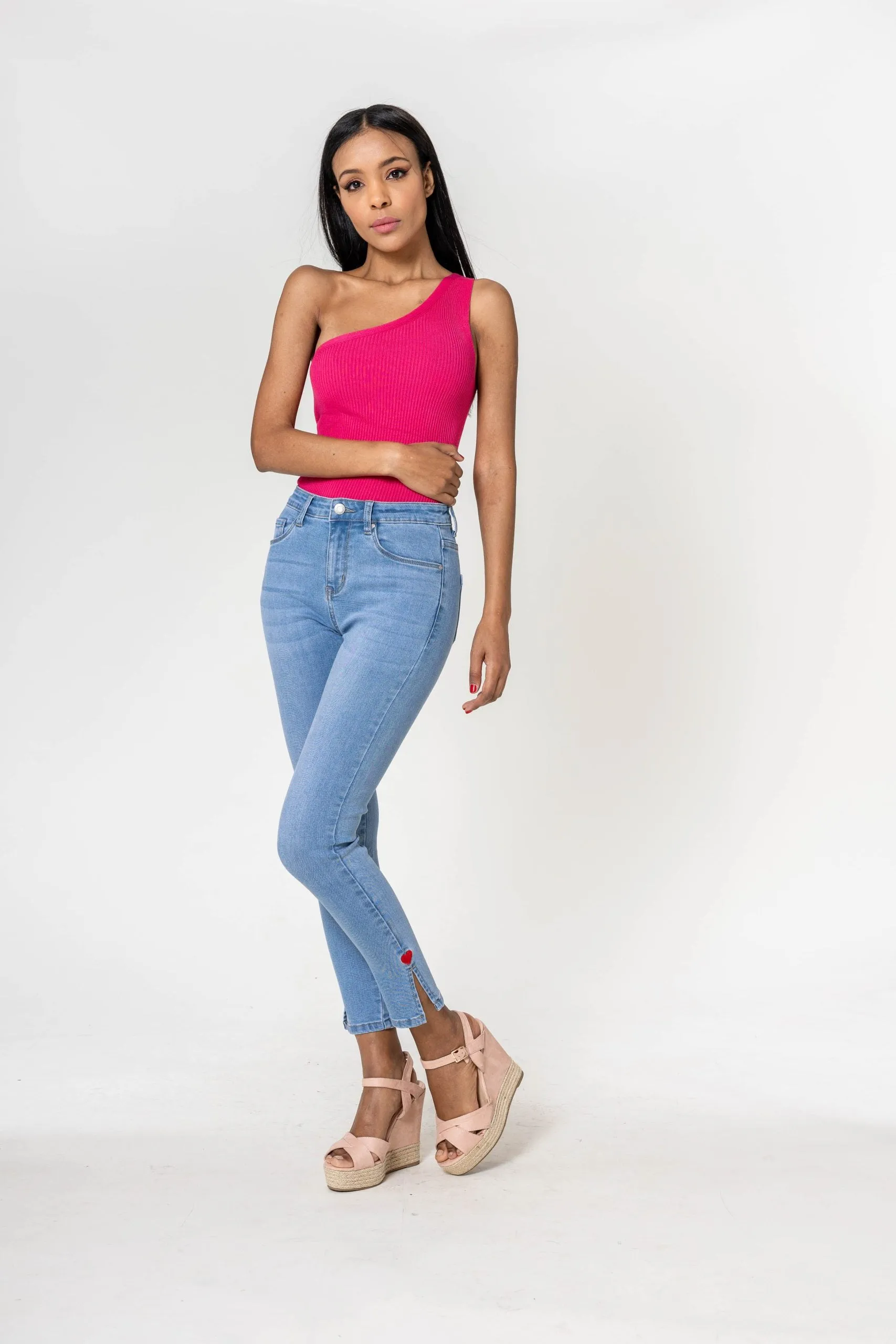 Wholesale High Waisted Jeans Heart embroidery Light Blue