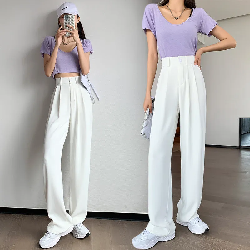Wide Leg Suit Pants Women High Waist Slim Look Drape Long Loose Straight Casual Floor Length Pants