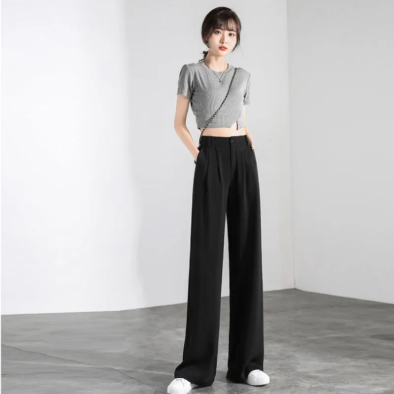 Wide Leg Suit Pants Women High Waist Slim Look Drape Long Loose Straight Casual Floor Length Pants