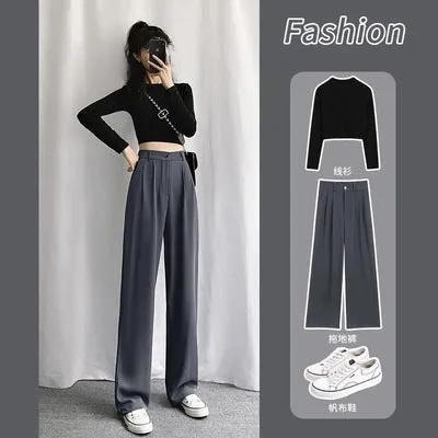Wide Leg Suit Pants Women High Waist Slim Look Drape Long Loose Straight Casual Floor Length Pants