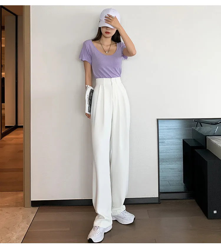 Wide Leg Suit Pants Women High Waist Slim Look Drape Long Loose Straight Casual Floor Length Pants