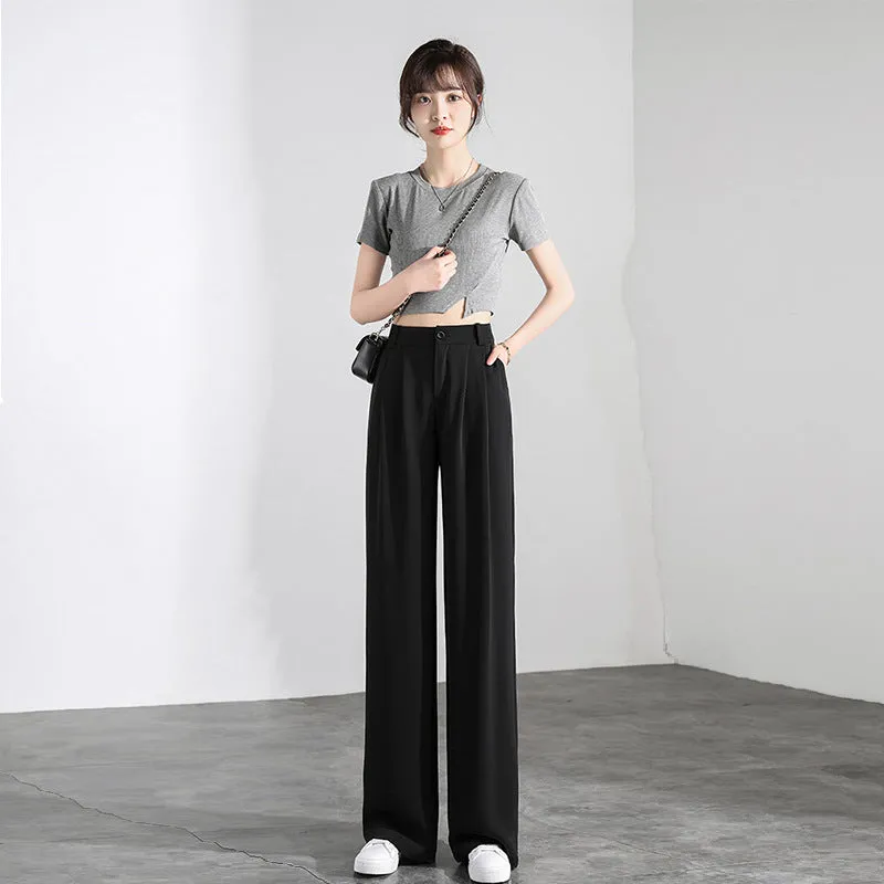 Wide Leg Suit Pants Women High Waist Slim Look Drape Long Loose Straight Casual Floor Length Pants