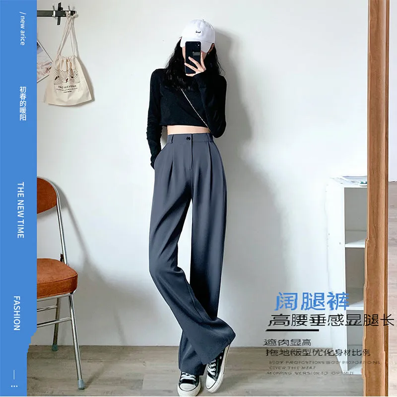 Wide Leg Suit Pants Women High Waist Slim Look Drape Long Loose Straight Casual Floor Length Pants