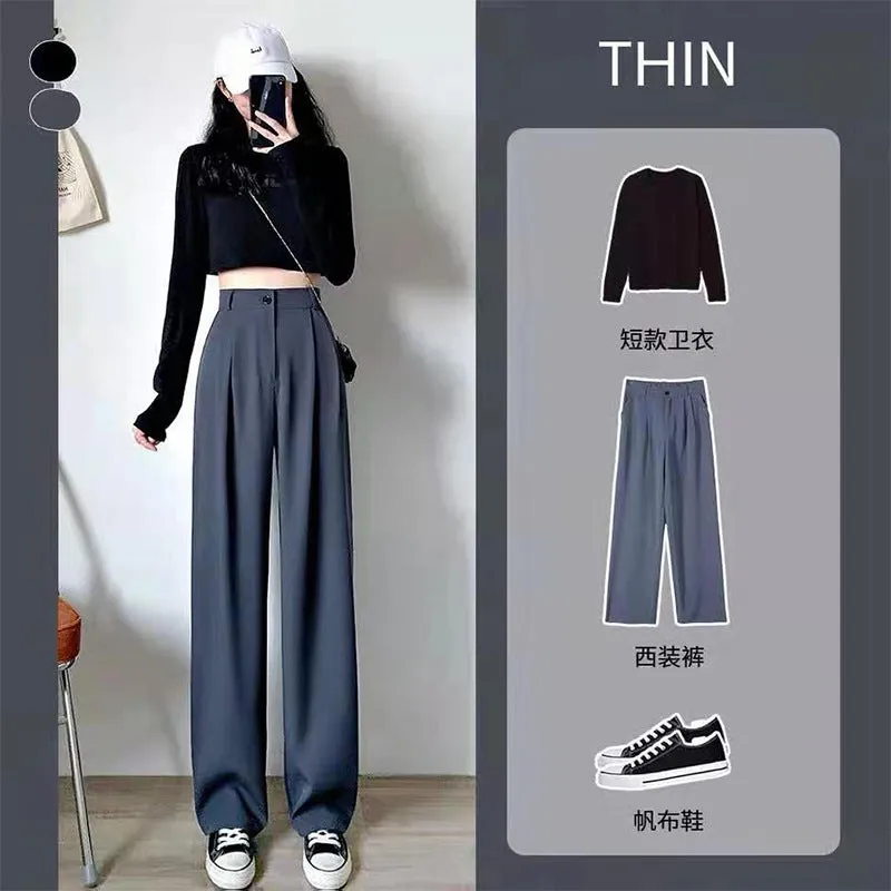 Wide Leg Suit Pants Women High Waist Slim Look Drape Long Loose Straight Casual Floor Length Pants