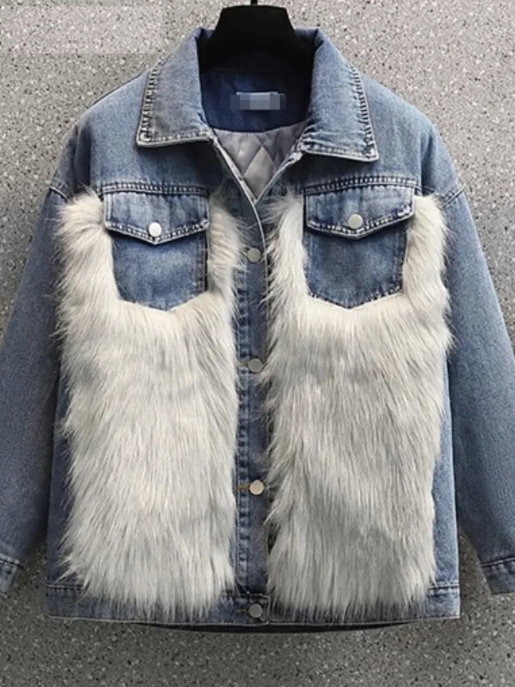 Winter Loose Casual Fashion Temperament Street Denim Stitching Jacket Fur for Women
