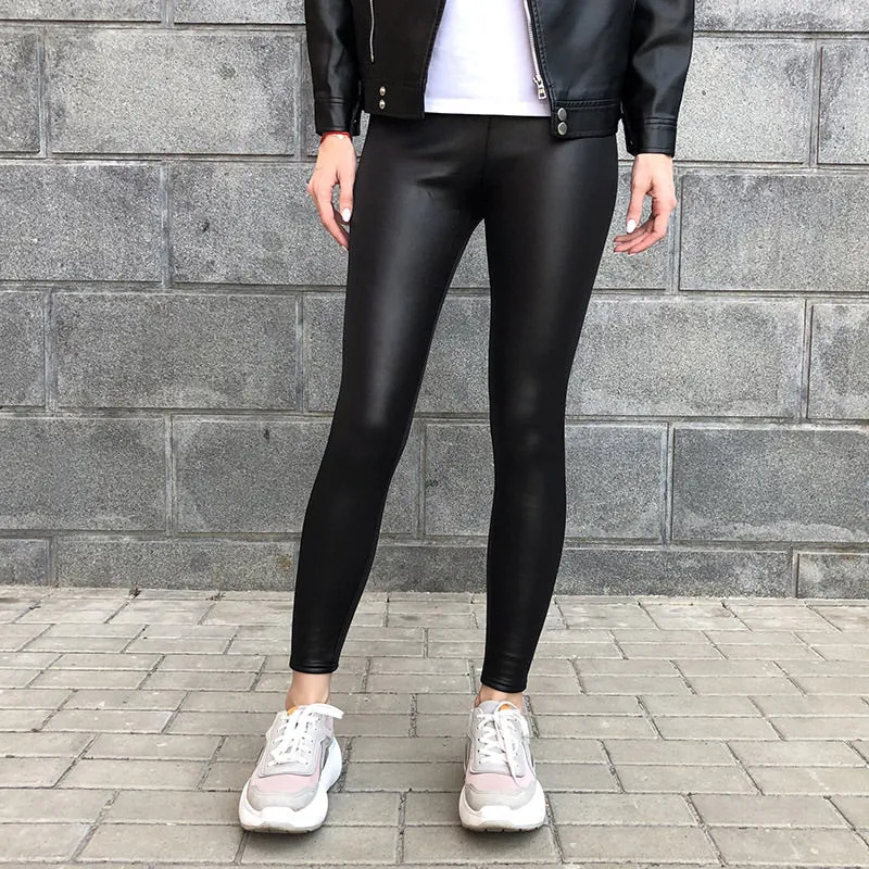 Wjczt Ladies Winter Warm Thick Velvet Faux Leather Leggings Gothic Legging Pants Punk Rock Slim Skinny Pencil Pants For Women