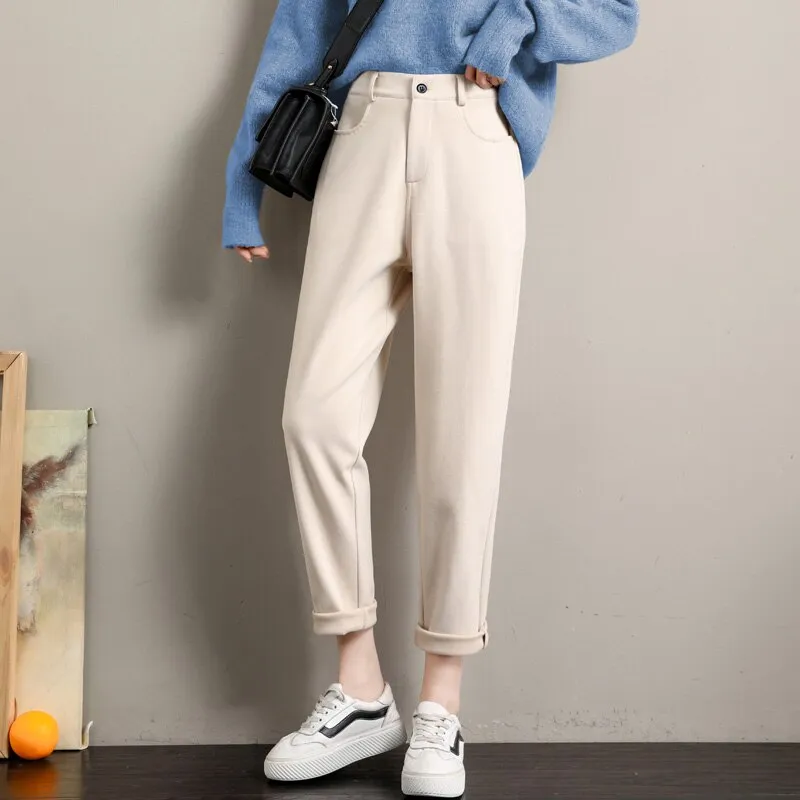 Wjczt New Fashion Korean Woolen Harlan Loose Daddy Pants Women'S 2022 Autumn And Winter Leisure High Waist Nine Point Radish Trousers