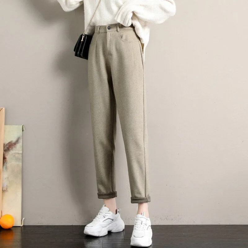 Wjczt New Fashion Korean Woolen Harlan Loose Daddy Pants Women'S 2022 Autumn And Winter Leisure High Waist Nine Point Radish Trousers