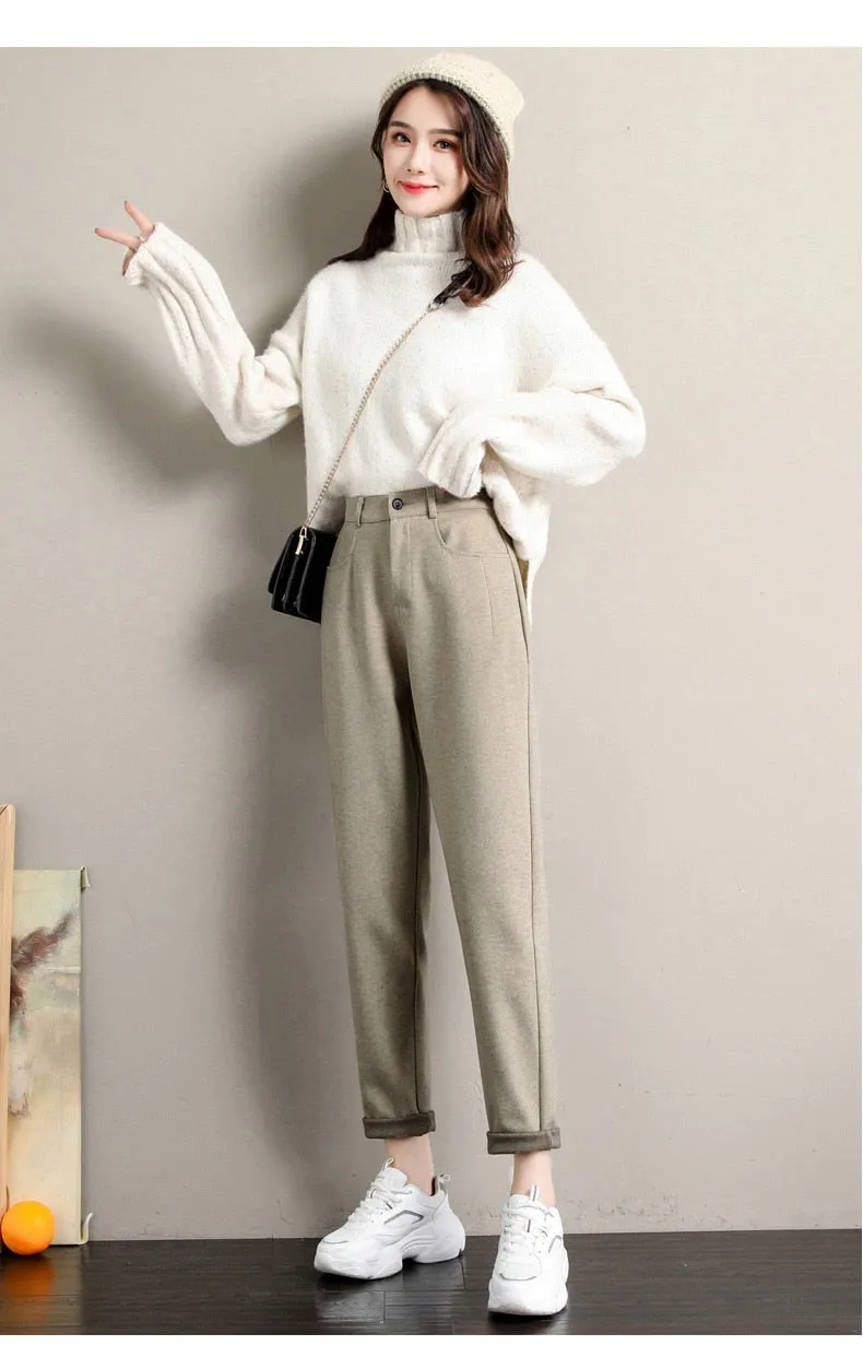 Wjczt New Fashion Korean Woolen Harlan Loose Daddy Pants Women'S 2022 Autumn And Winter Leisure High Waist Nine Point Radish Trousers