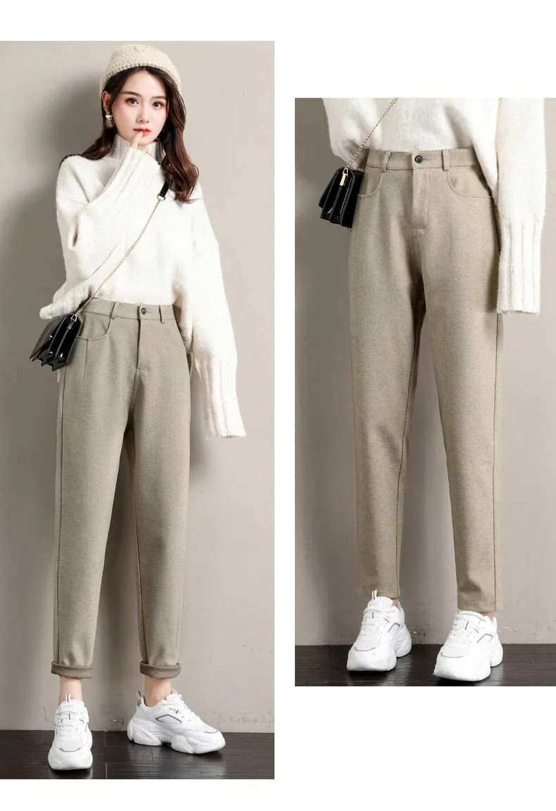 Wjczt New Fashion Korean Woolen Harlan Loose Daddy Pants Women'S 2022 Autumn And Winter Leisure High Waist Nine Point Radish Trousers