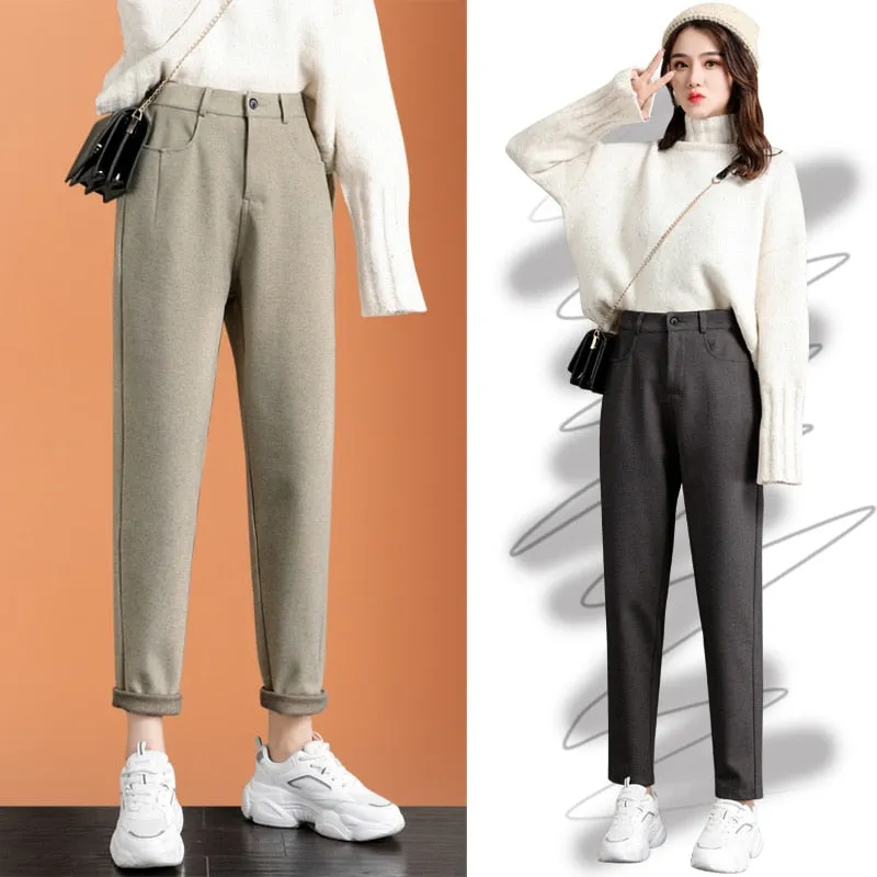 Wjczt New Fashion Korean Woolen Harlan Loose Daddy Pants Women'S 2022 Autumn And Winter Leisure High Waist Nine Point Radish Trousers