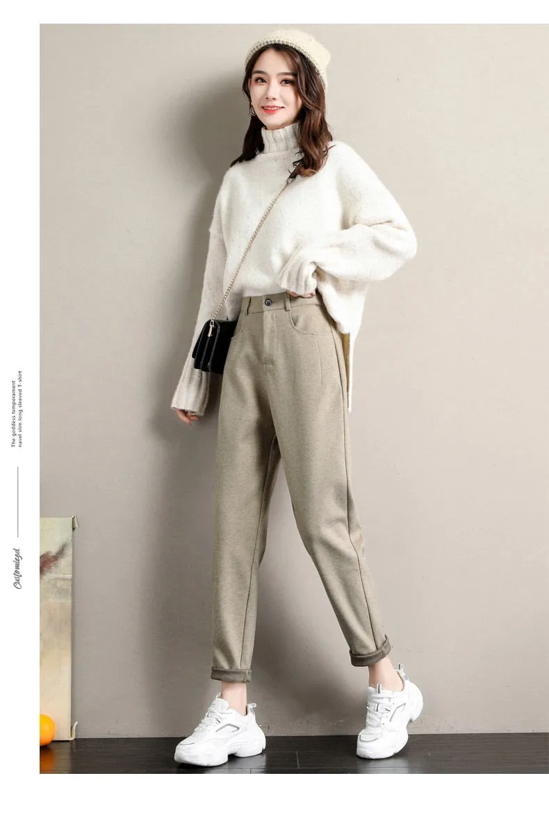 Wjczt New Fashion Korean Woolen Harlan Loose Daddy Pants Women'S 2022 Autumn And Winter Leisure High Waist Nine Point Radish Trousers