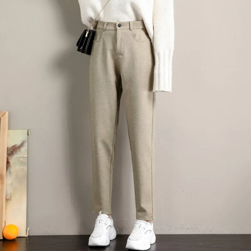 Wjczt New Fashion Korean Woolen Harlan Loose Daddy Pants Women'S 2022 Autumn And Winter Leisure High Waist Nine Point Radish Trousers