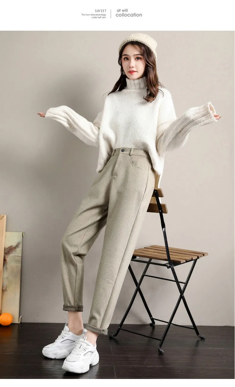 Wjczt New Fashion Korean Woolen Harlan Loose Daddy Pants Women'S 2022 Autumn And Winter Leisure High Waist Nine Point Radish Trousers