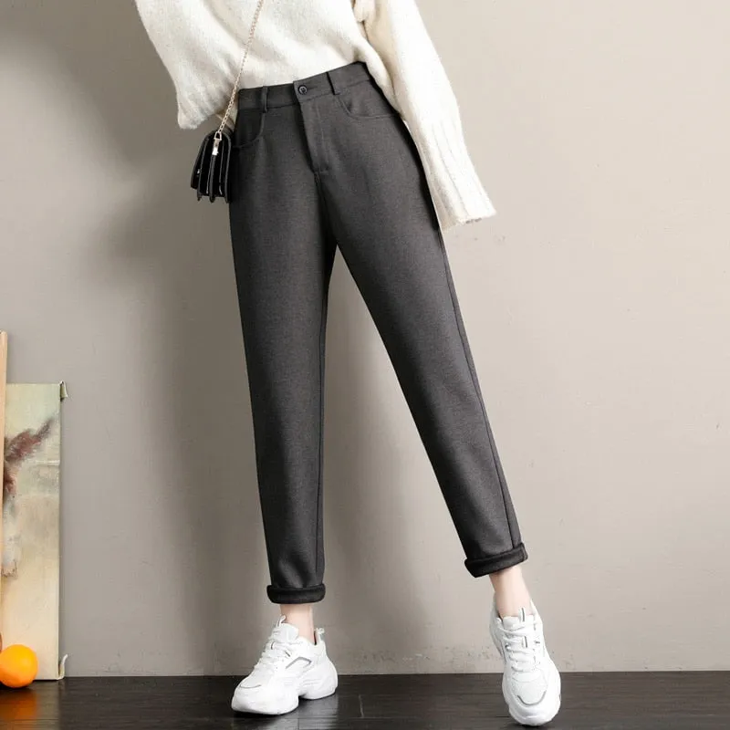 Wjczt New Fashion Korean Woolen Harlan Loose Daddy Pants Women'S 2022 Autumn And Winter Leisure High Waist Nine Point Radish Trousers