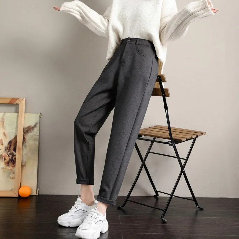 Wjczt New Fashion Korean Woolen Harlan Loose Daddy Pants Women'S 2022 Autumn And Winter Leisure High Waist Nine Point Radish Trousers