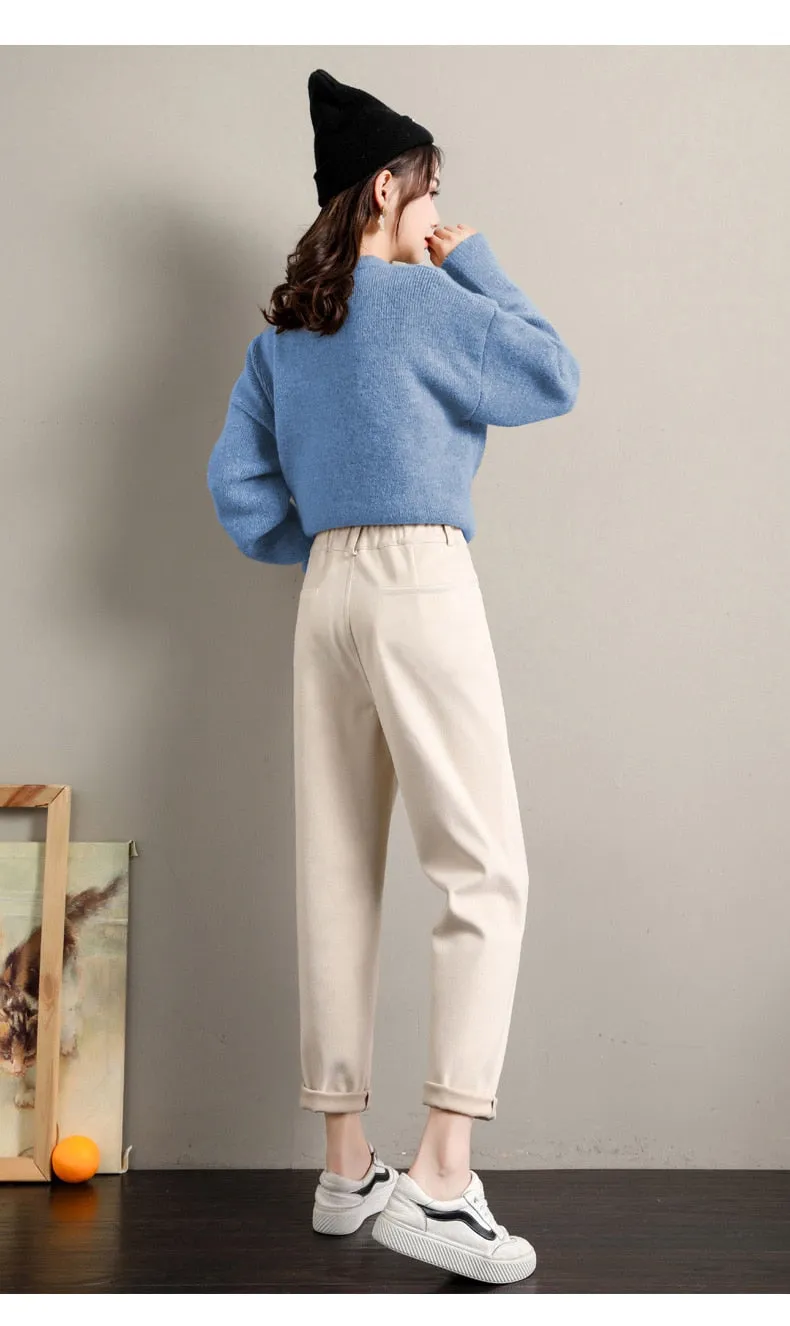 Wjczt New Fashion Korean Woolen Harlan Loose Daddy Pants Women'S 2022 Autumn And Winter Leisure High Waist Nine Point Radish Trousers