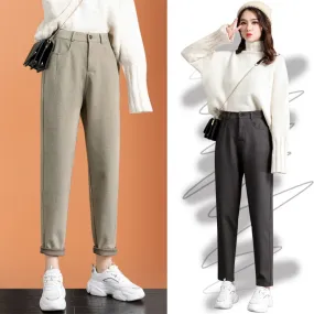 Wjczt New Fashion Korean Woolen Harlan Loose Daddy Pants Women'S 2022 Autumn And Winter Leisure High Waist Nine Point Radish Trousers