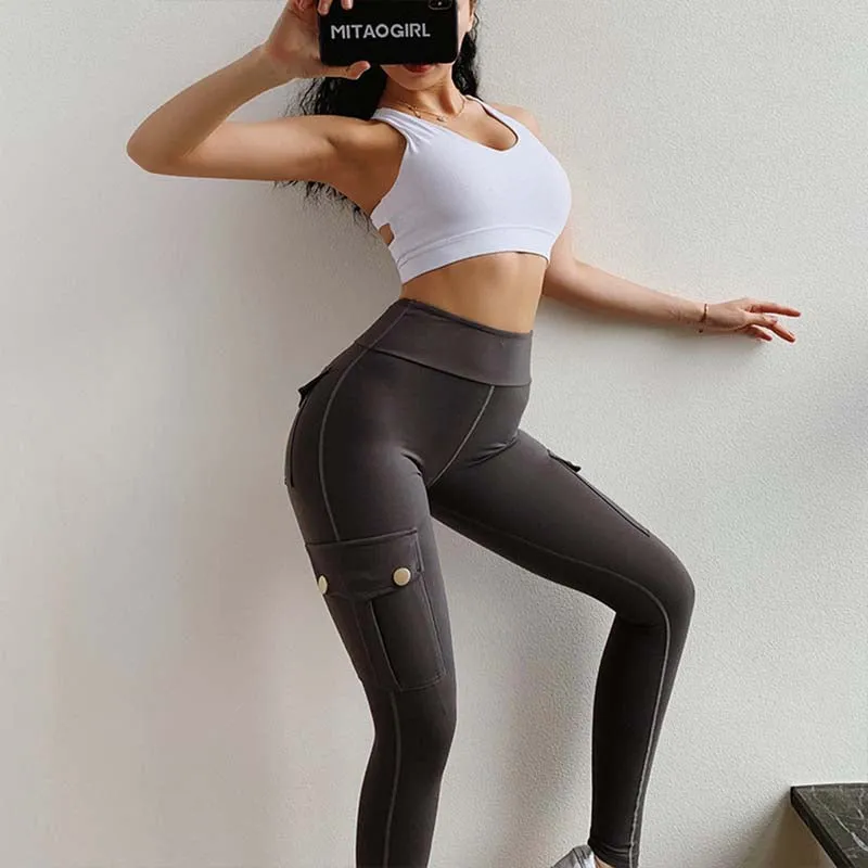 Wjczt Women Leggings Fitness Sports High Waist Leggins Pocket Push Up Pants Workout Leggings Cargo Pants Casual Hip Pop Pants