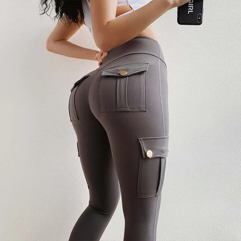 Wjczt Women Leggings Fitness Sports High Waist Leggins Pocket Push Up Pants Workout Leggings Cargo Pants Casual Hip Pop Pants