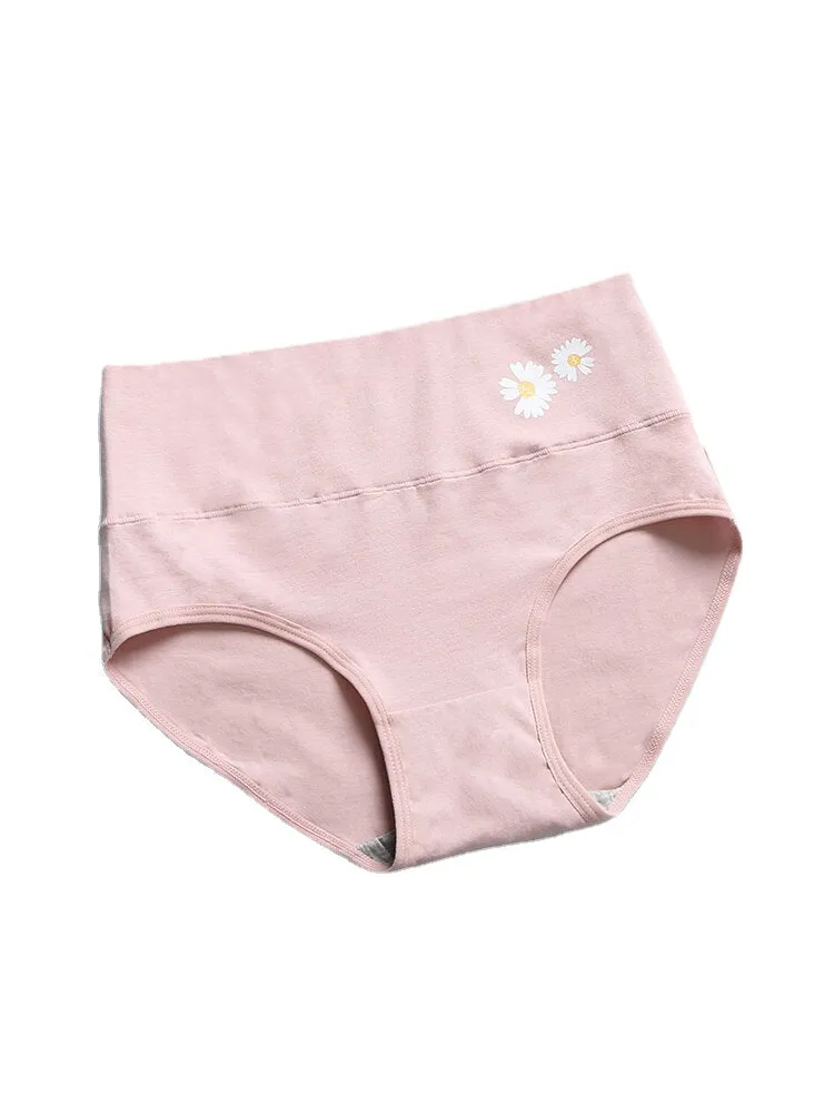 Women Daisy Print Cotton Wide Waistband Comfy High Waist Panties