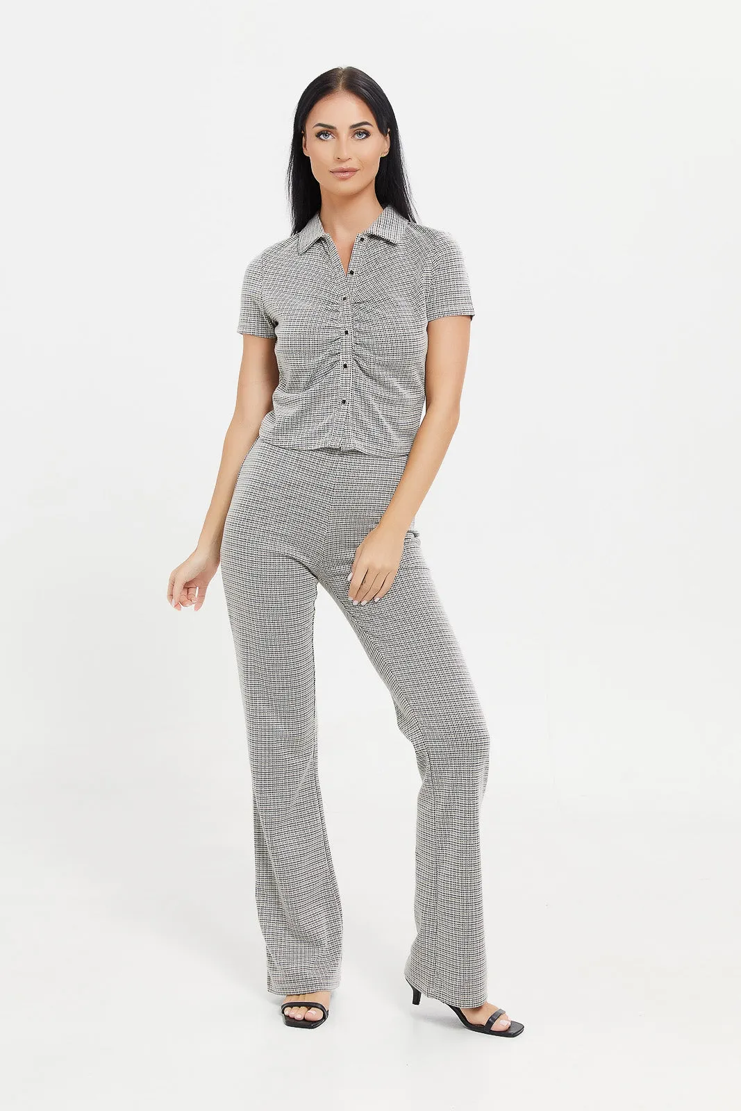 Women Grey Checked Ruched Check Top