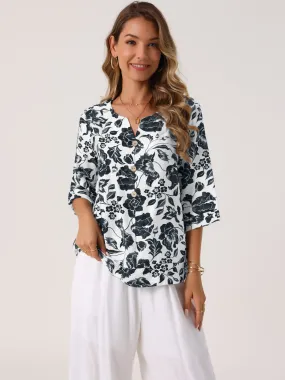 Women's 3/4 Sleeve Tops Dressy Casual V Neck Boho Floral Button Decor Summer Blouse Shirts