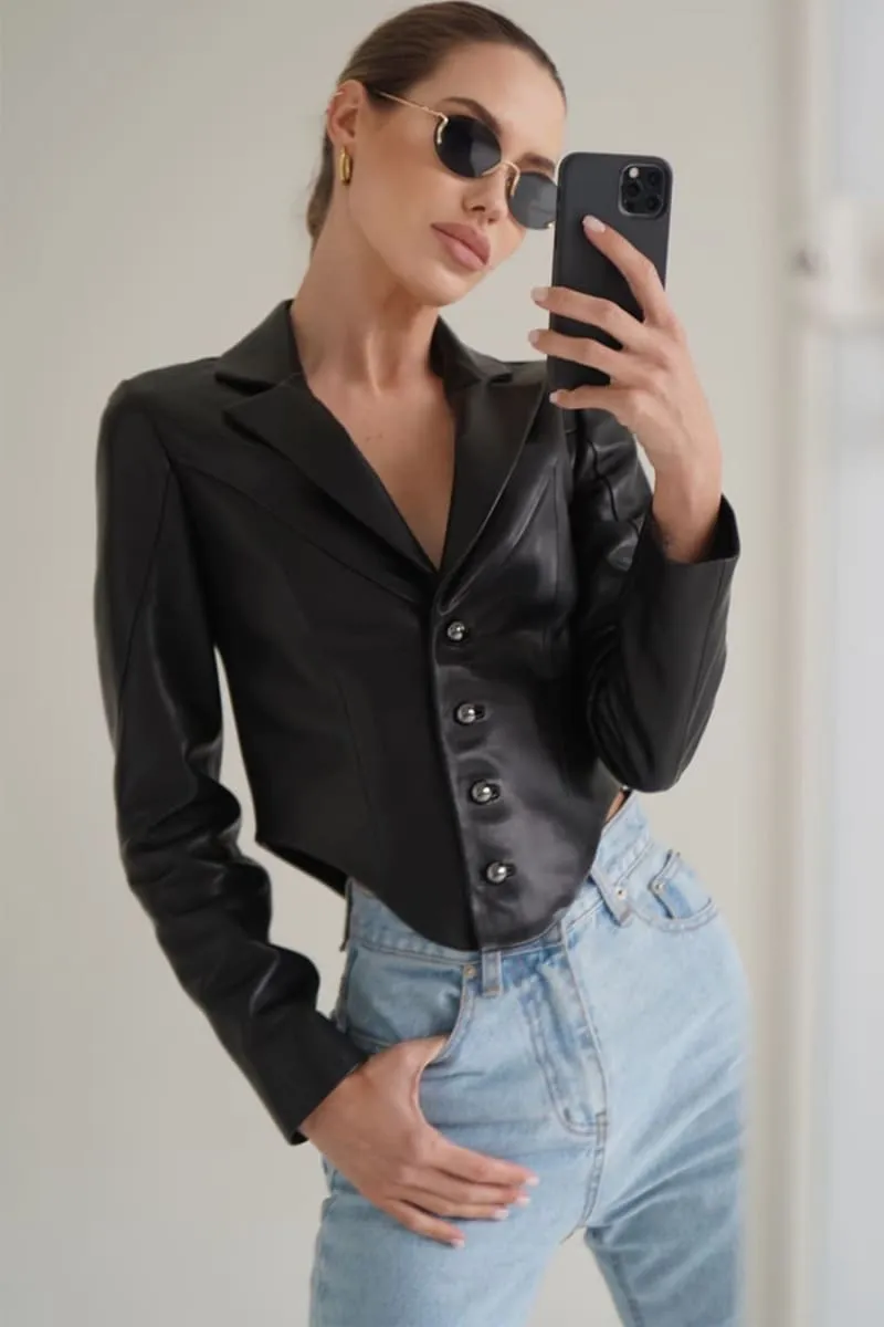 Women's Black Cropped Leather Jacket