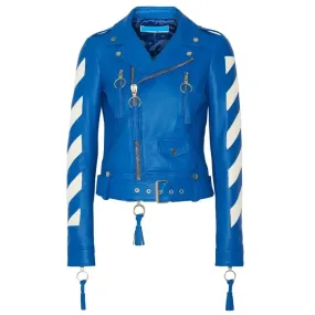 Women's Cropped Blue Genuine Leather Jacket – Stylish & Trendy