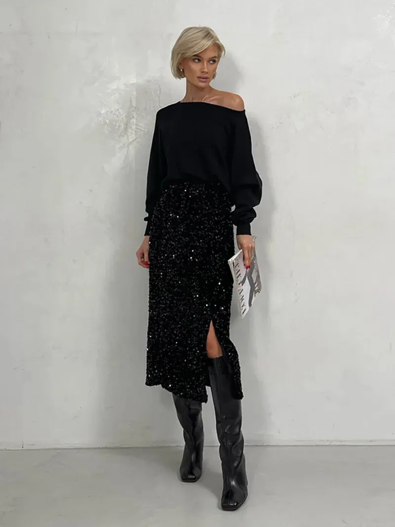 Women's Split Fashion Designer High Waist Sequin Skirts (Midi)
