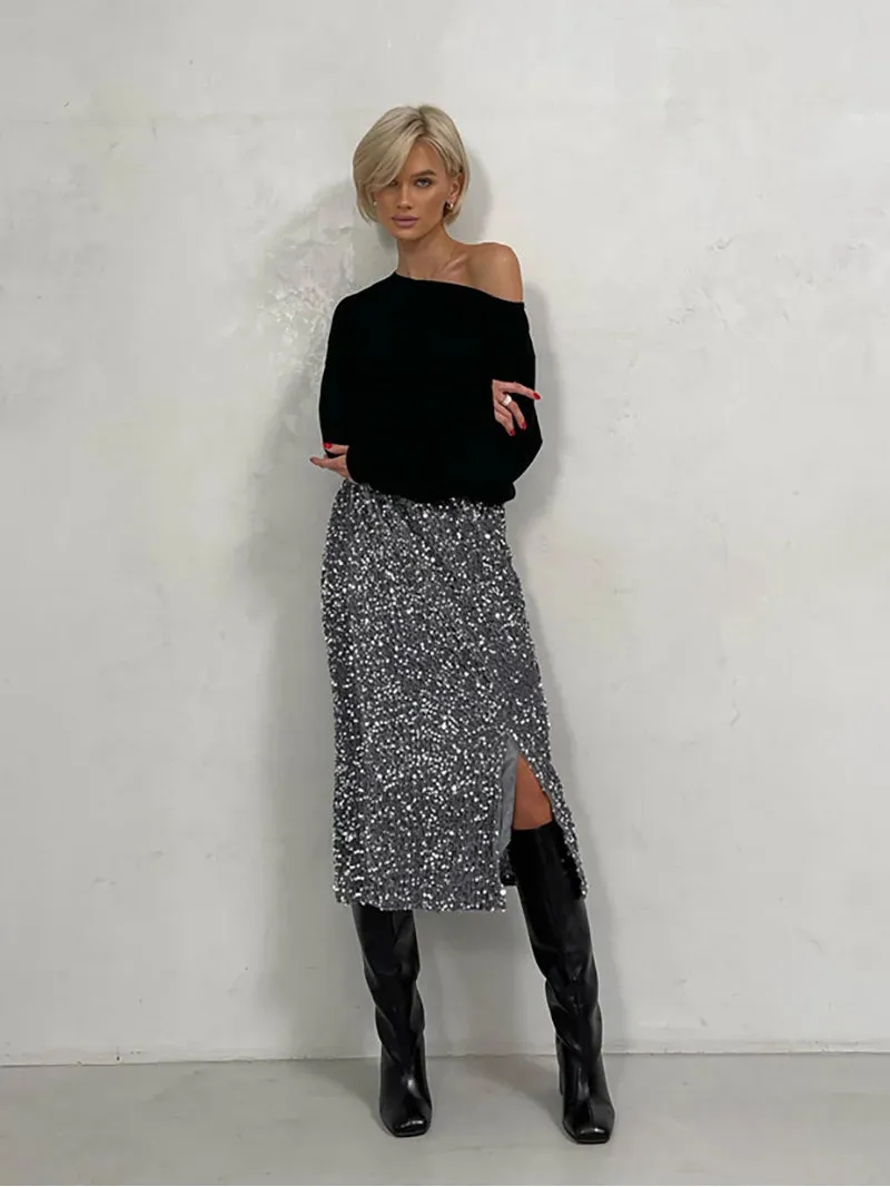 Women's Split Fashion Designer High Waist Sequin Skirts (Midi)