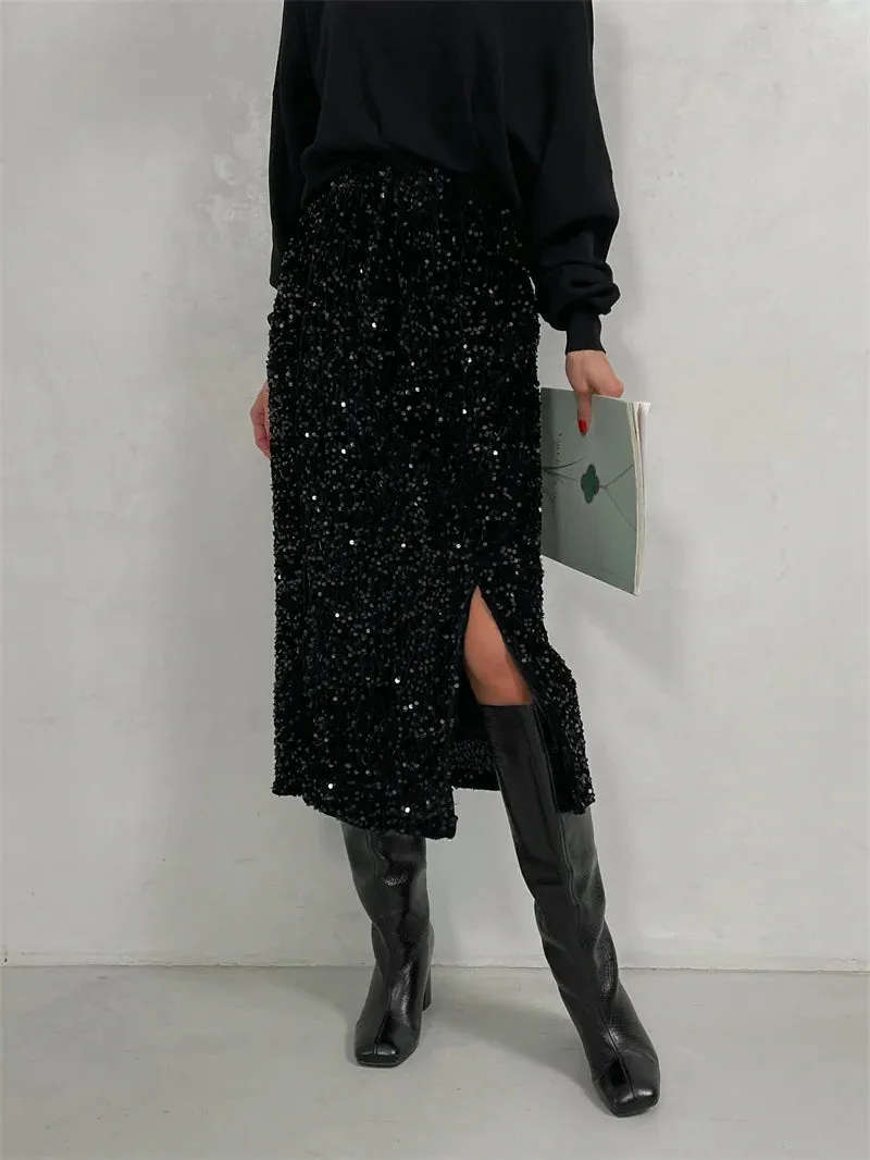 Women's Split Fashion Designer High Waist Sequin Skirts (Midi)