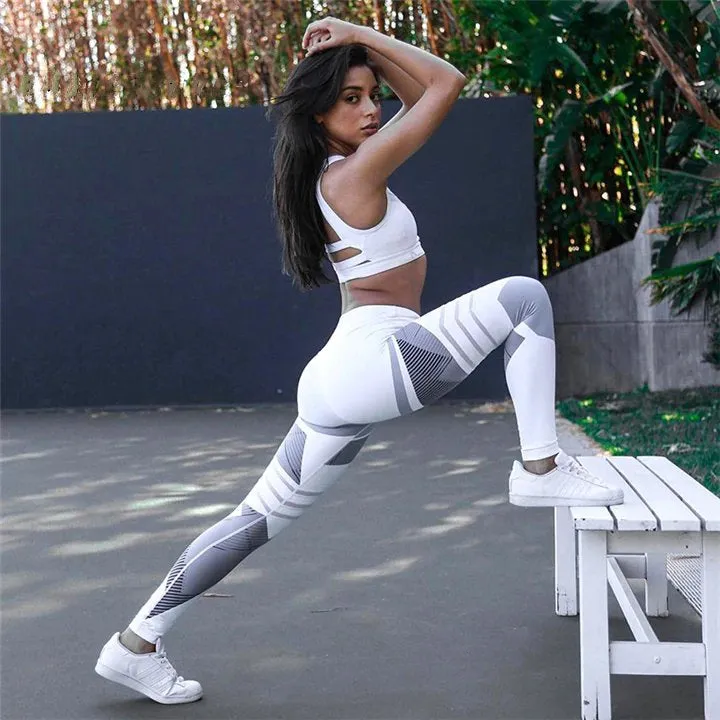 Women's Summer Elastic Fitness Leggings With Printed Blocks