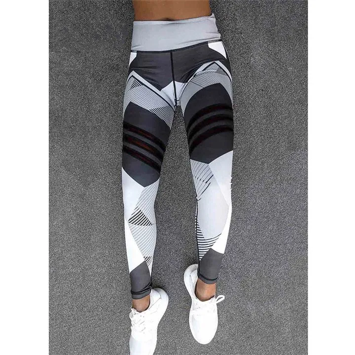Women's Summer Elastic Fitness Leggings With Printed Blocks