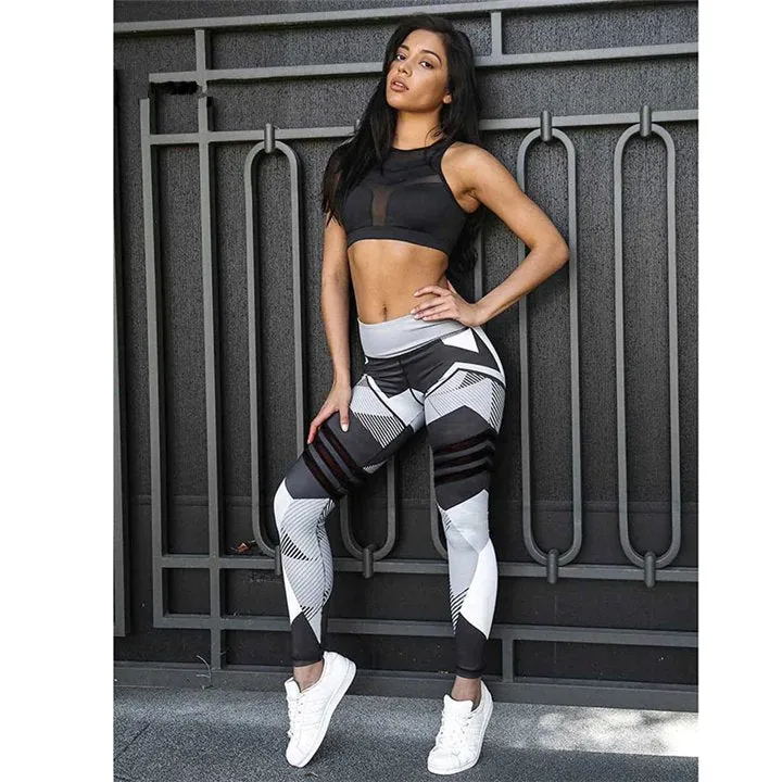 Women's Summer Elastic Fitness Leggings With Printed Blocks